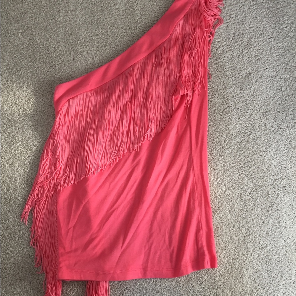 Pink fringe one shoulder top